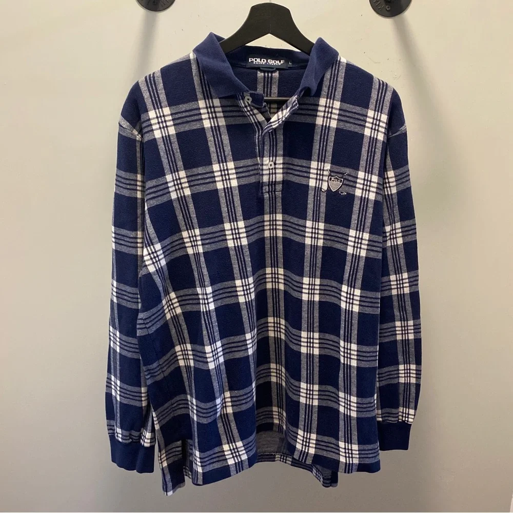 Vintage Polo Golf Ralph Lauren Shirt Mens Large Blue Plaid Long Sleeve